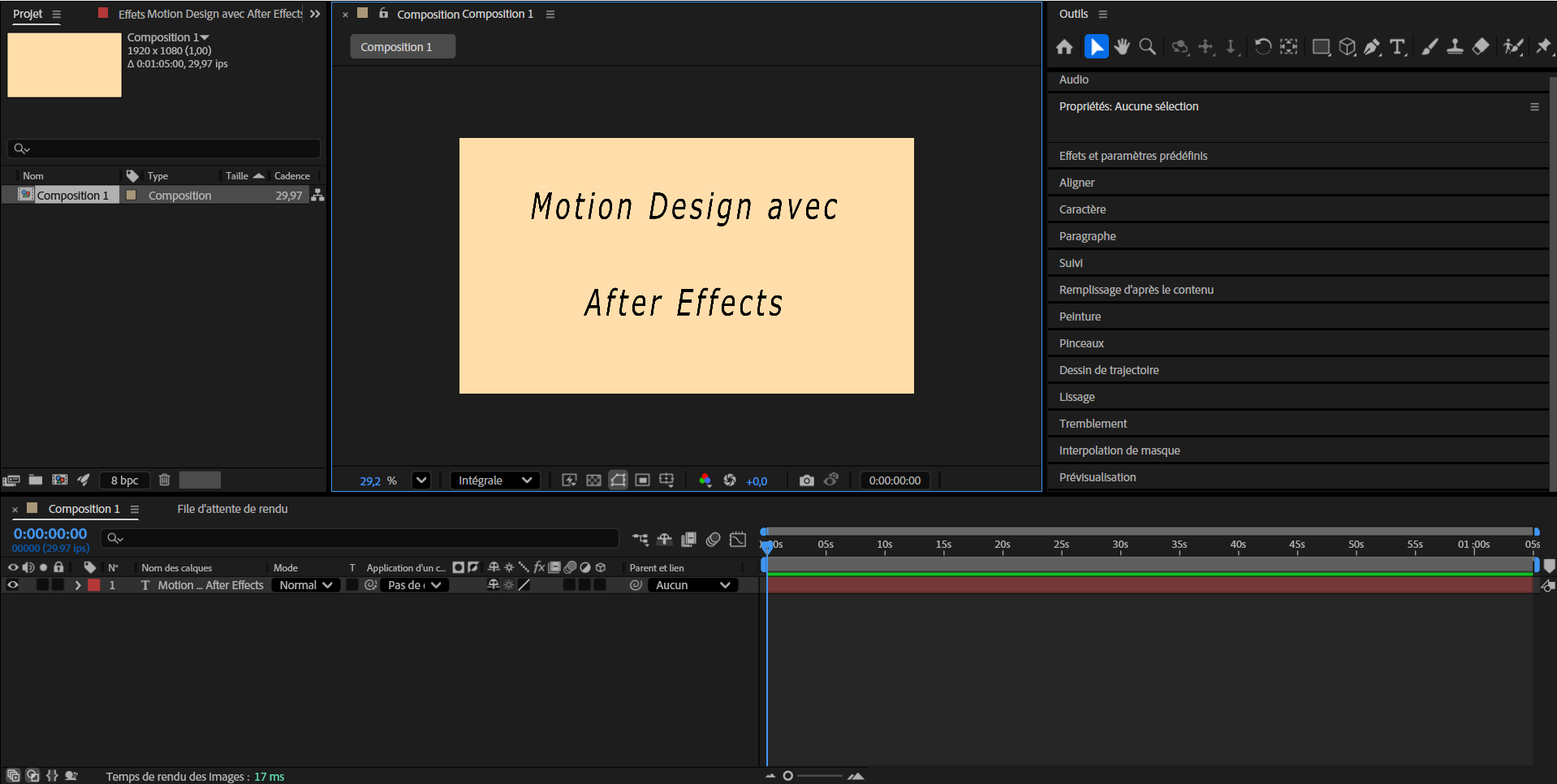 Interface Adobe After Effects avec les animations